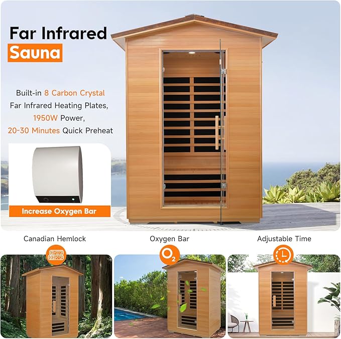 Outdoor Sauna Far Infrared Saunas Dry Sauna Room Canadian Hemlock Wood Wooden Sauna Spa 1950W Low-EMF with Cup Holder and Towel Rack for Two Person 47 * 39 * 82inch