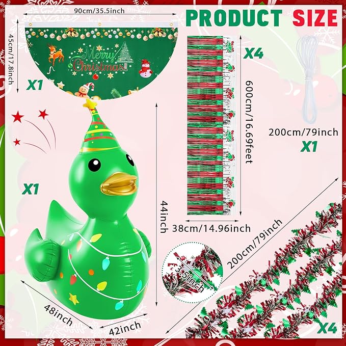 Hungdao 9 Pcs Christmas Golf Cart Parade Decorations Include 1 Pcs 4 Feet Inflatable Giant Xmas Tree Duck with Float Bunting Flag Tinsel Garland for Christmas Car Yard Party Decoration