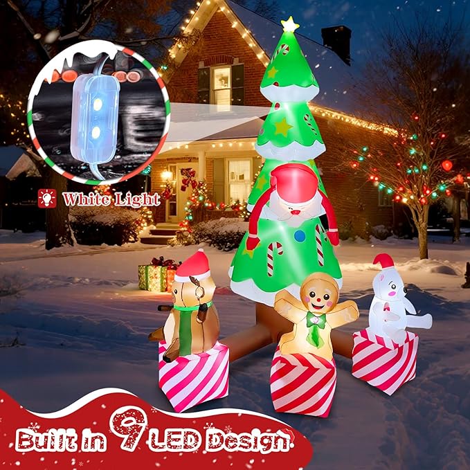 2025 Inflatable Christamas Tree 8FT Christmas Tree nflatables Combined with Santa Claus and Friends Christamas Tree Blow Up Outdoor Yard Decor Built-in 9 LEDs for Party Yard Garden Lawn
