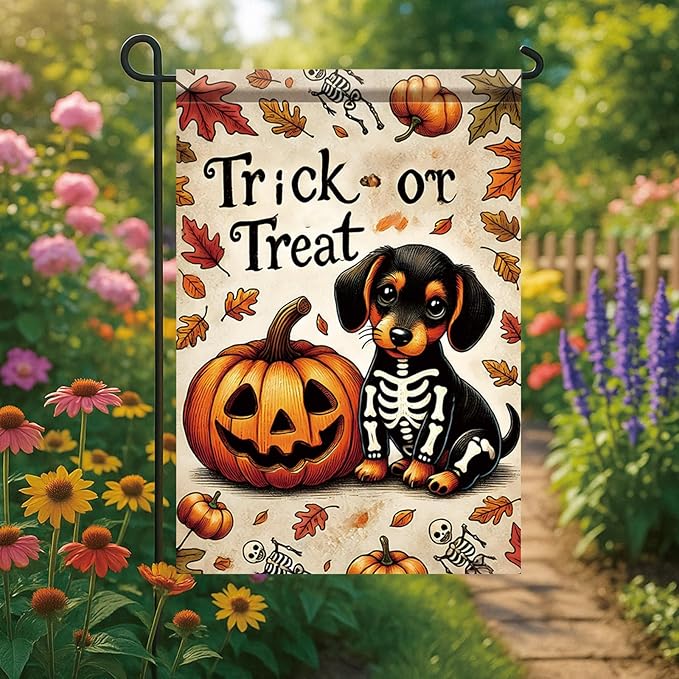 Halloween Garden Flag Beagle Trick or Treat Flag 12x18 Inches Double Sided Pumpkin Yard Banner for Outdoor Fall Lawn Porch Holiday Decoration Cute Pet Autumn Seasonal House Decor