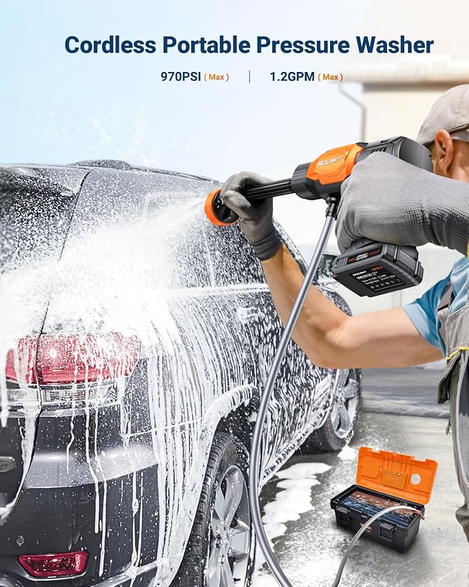 SEALIGHT Cordless Pressure Washer, 970PSI Portable Power Washer with 3.0Ah Dual Batteries 6-in-1 Nozzle Battery Operated Power Washer for Cars, Fences, Patio, Bikes Cleaning