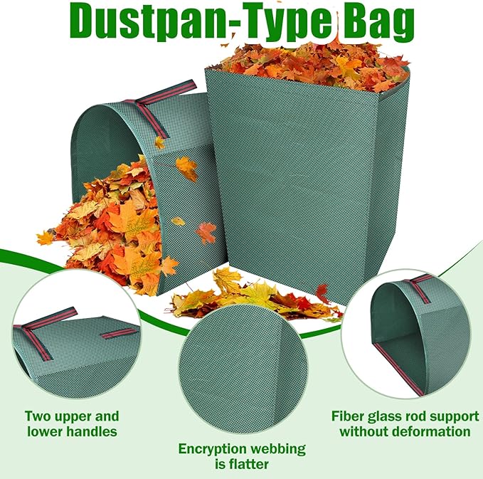 2 Packs Large Reusable Yard Waste Bags with Gloves, 53 Gallons Pletpet Garden Waste Bags Green Lawn and Leaf Bag Large Yard Dustpan-Type Garden Bag for Collecting Leaves, Fallen leaves and Waste