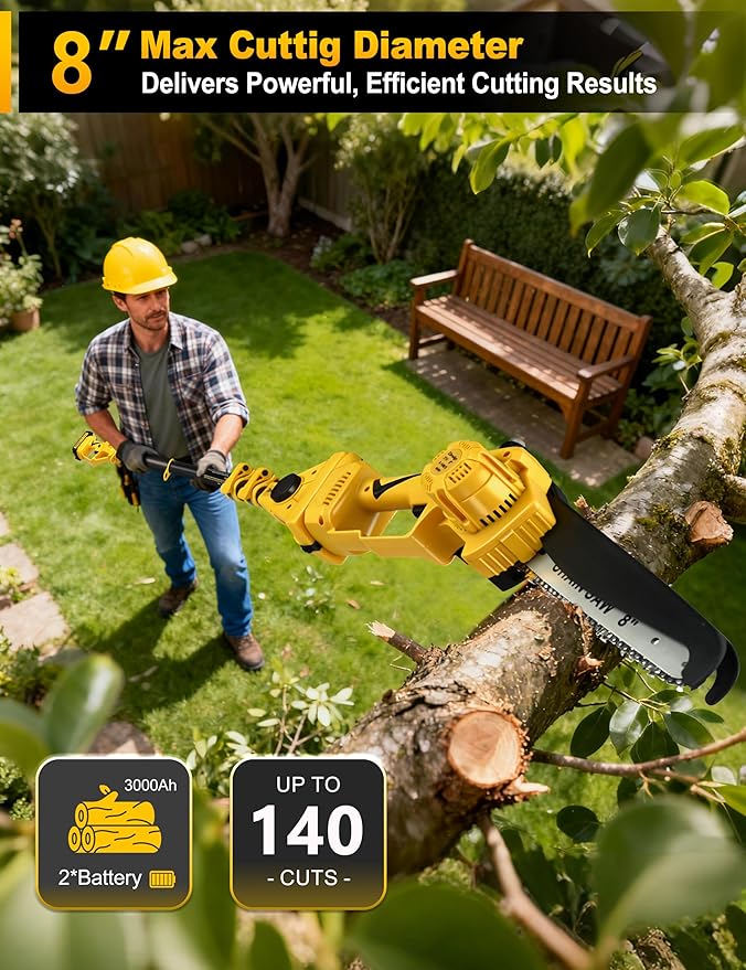 8" Pole Saw Cordless + 20" Pole Hedge Trimmer 4-in-1, Electric Mini Chainsaw/Hedge Trimmer with Extension Pole, 15Ft Max Reach for Tree Trimming and Shrubs Pruning, 2×3.0Ah Battery