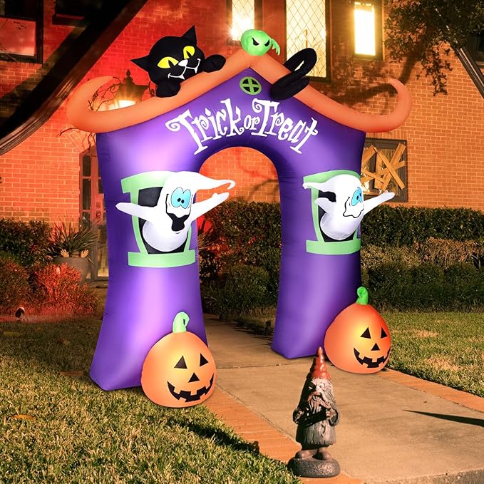 Haunted Hill Farm 9-Ft. Pre-Lit Trick or Treat Walkway Arch Inflatable Yard Decor with Black Cat, Jack-O-Lantern, and Ghost, Halloween Outdoor Blow-Up, Festive Outdoor Decorations for Patio and Yard