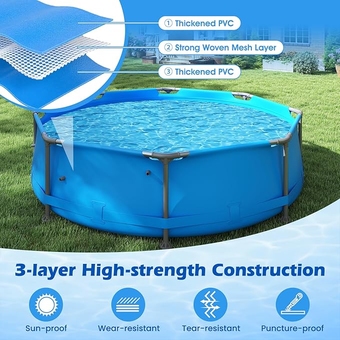 GYMAX 10ft x 30in Metal Frame Above Ground Swimming Pool, Outdoor Backyard Famliy Pool Set with Puncture-Resistant Fabric, Drainage Valve Connector for Kids & Adults (10' x 30", Round, Blue)