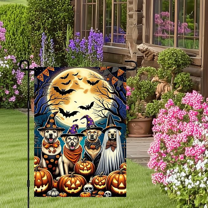 Halloween Garden Flag 12x18 Inch Dog Costume Party Flag Double Sided Spooky Pumpkin Yard Banner Outdoor Decoration for Porch Lawn Patio Seasonal Decor