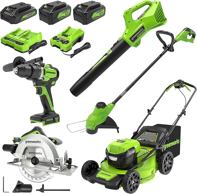 Greenworks 48V (2x24V) Lawn Mower Combo - 21" self propelled Lawn Mower, 12" String Trimmer, 320 CFM Blower, Circular Saw & Drill – All-in-One Cordless Combo: Ideal for Home Yard Work & DIY Projects