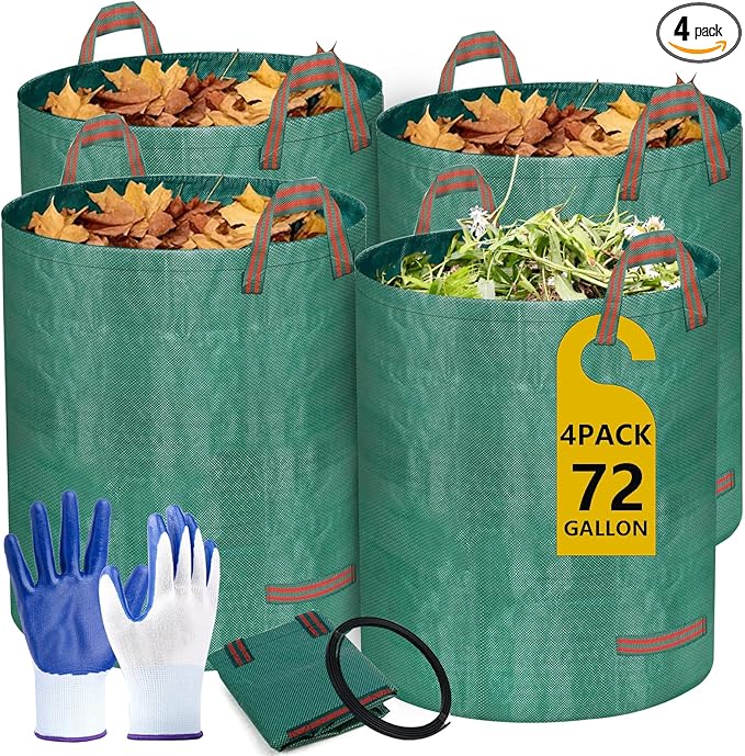Reusable Yard Waste Bags, 72 Gallon Lawn and Leaf Bags 4 Pack with Reinforced Handles and Gardening Gloves, Heavy Duty Standable Garden Waste Bags for Leaves, Grass, Camping, Recycling