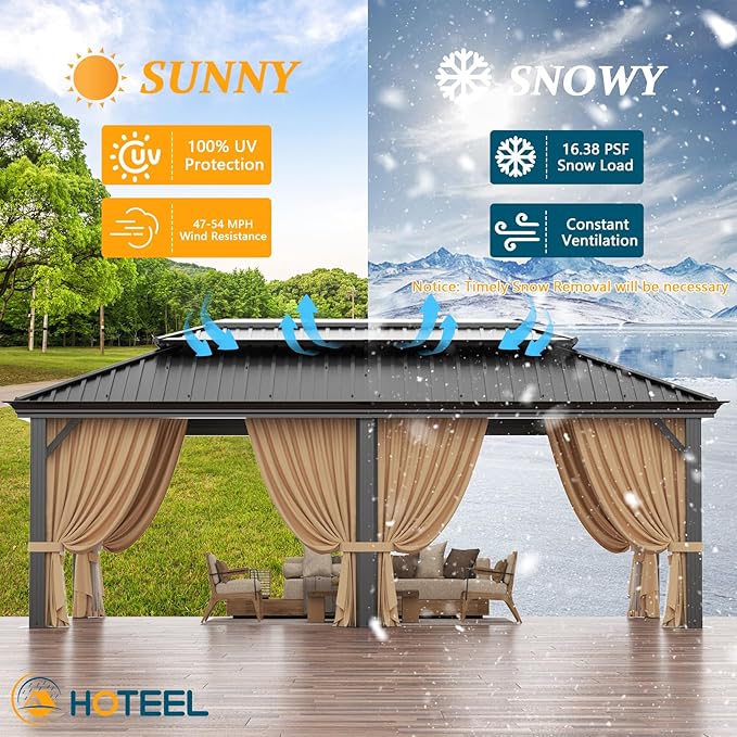 HOTEEL 12x20 Gazebo with Metal Roof Heavy Duty Hardtop Gazebo with Flame-Retardant Curtain & Netting, Hot Tub Gazebos with Metal Double Roof, Outdoor Canopy for Patio, Party, Brown(2025 Pro)