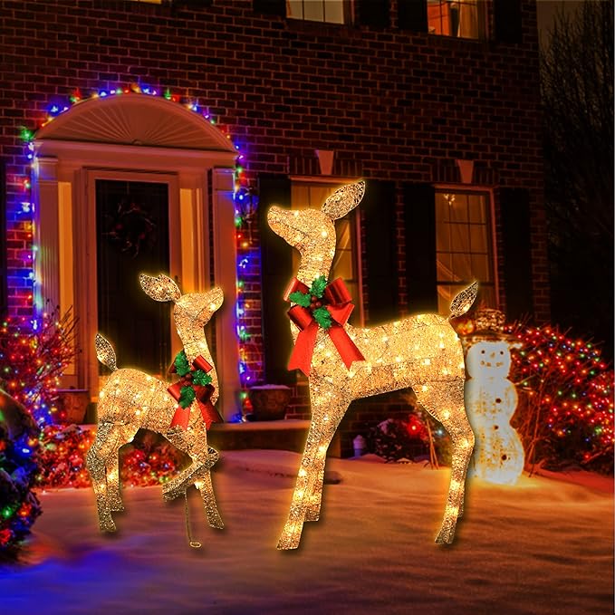 38in Christmas Deer Set Decoration for Outdoor Yard 2pc Deers, Lighted up Reindeer Outdoor Decor Champagne Gold Christmas Doe Fawn with Bow, for Christmas Tree Porch Holiday Display