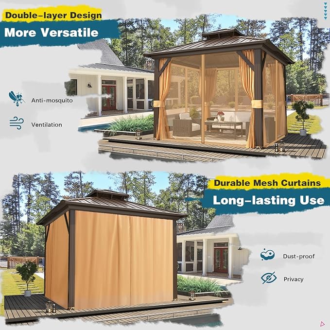 MELLCOM 10'x10' Hardtop Gazebo, Metal Double Roof Aluminum Gazebos with Curtain and Netting,Brown Permanent Galvanized Steel Pavilion for Patio, Lawn & Deck