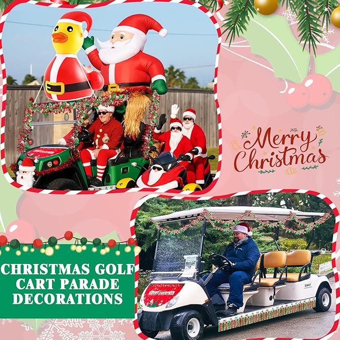 Hungdao 9 Pcs Christmas Golf Cart Parade Decorations Include 1 Pcs 4 Feet Inflatable Giant Santa Duck with Float Bunting Flag Tinsel Garland for Christmas Car Yard Party Decoration