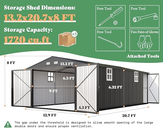 AMERLIFE 13x21x8 FT Heavy Duty Metal Garage Shed, Extra Large Outdoor Storage Shed with Double Hinged Doors, 4 Windows, Carport for Car, Truck, Bicycle and Garden Equipment, Dark Gray