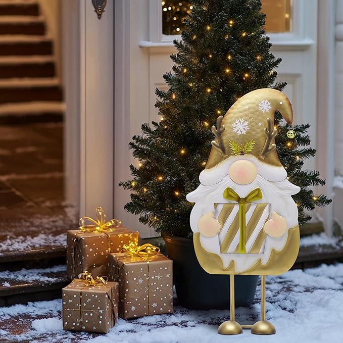 TERESA'S COLLECTIONS Gnome Christmas Decorations,Metal Gold White Santa Holding Gifts,Christmas Gnome Statue for Garden Indoor Outdoor,Decorative Yard Art Sign for Lawn Xmas New Year Winter Decor,24"