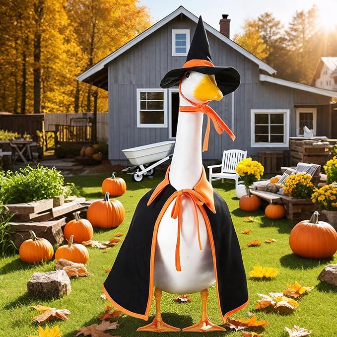 Halloween Porch Goose Outfit Set for 23'' Plastic Statue Lawn Porch Goose Clothes with Cloak Hat Costume for Indoor Outdoor Patio Yard Lawn Art Decor(Orange)