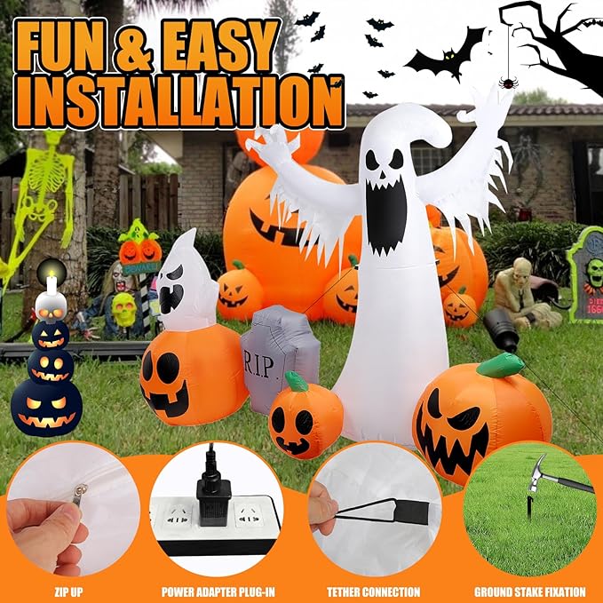 8 FT Halloween Inflatables Ghost & Pumpkins Outdoor Decorations, Inflatable Blow Up Yard Decor with Color Changing LEDs, Inflatable Decorations Outdoorfor Yard Garden