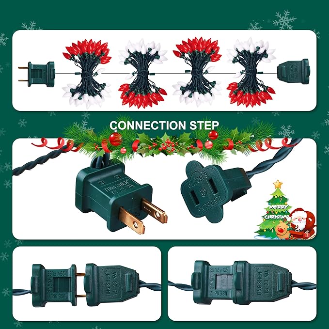 Red&White C9 Big Bulbs Classic Christmas Lights 50 LED 32ft Strawberry Light - Waterproof Green Wire Fairy Lights, for Indoor Outdoor Home Yard Xmas Tree Decorations (Red White - 50LED)