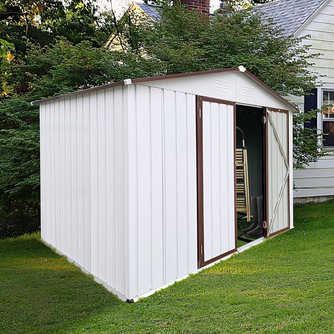 8 x 6 FT Metal Outdoor Storage Shed & Double Hinged Large Door - Heavy-Duty Shed with Floor, Lockable & Ventilation - Rainproof Windproof Large Utility Garden Shed for Backyard Patio Lawn - Brown