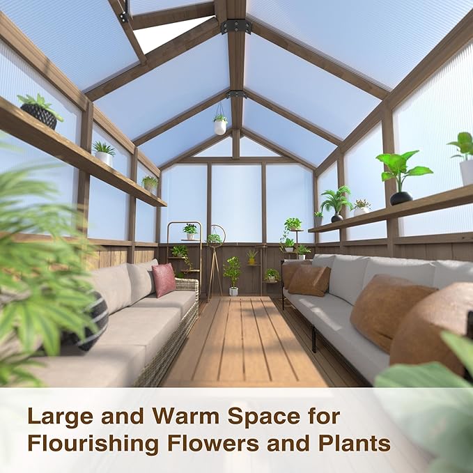 Mupater 6 x 8 FT Wooden Polycarbonate Greenhouse with Ventilated Window and Lockable Door, Walk-in Greenhouse for Backyard