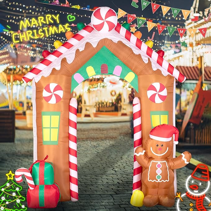 Hioasis 10 FT Christmas Inflatable Decorations - Archway with Gingerbread Man and Gift Box Outdoor Inflatables with LED Lights Perfect for Christmas Party & Yard