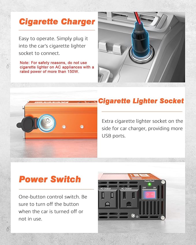 300W Car Power Inverter - DC 12V to 110V AC Converter with Fast Charging - 2 USB-A(18W), 2 USB-C(PD30W), and Cigarette Lighter Outlet Portable Car Charger