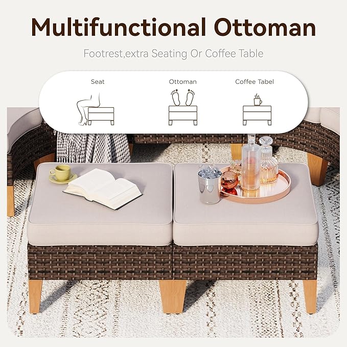 GREEN PARTY 7 Pieces Wicker Patio Furniture Set, All-Weather Outdoor Rattan Patio Sectional Sofa Conversation Set 7 Seats with 4" Thick Cushions for Garden, Backyard, 2 x Ottomans