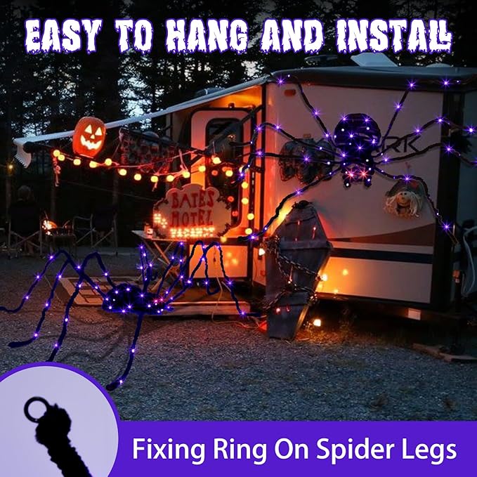 EAMBRITE Halloween Decorations Outdoor 5FT Bendable Scary Giant Spider with 83LT Purple Lights Black Fake Spider for Halloween Indoor Outdoor Yard Home Parties Creepy Décor