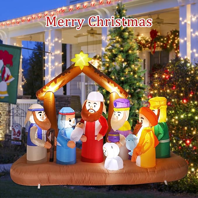 VCUTEKA Christmas Inflatables Outdoor Decorations, 7FT Inflatable Nativity Scene Manger Set with Sheep Stable Jesus Blow Up Built-in LED Lights for Holiday Yard Garden Lawn Xmas Decor