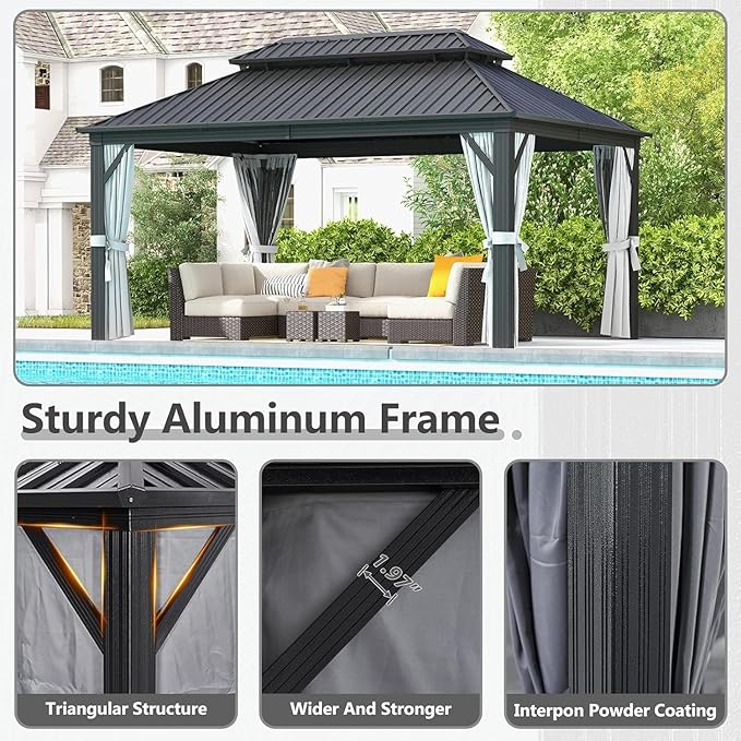 Aoxun 12Ft X 16Ft Hardtop Gazebo, Aluminum Metal Outdoor Gazebo with Breathable Netting and Curtains, Galvanized Steel Double Top, Permanent Patio Pavilion for Backyard, Wedding, Party