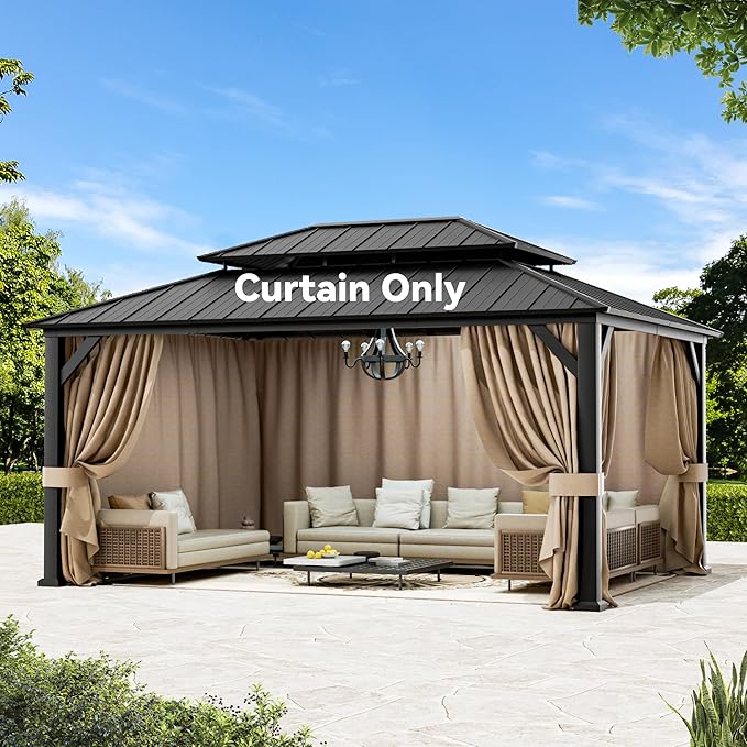Gazebo Curtain Replacement Universal 4-Panel Sidewalls 12' x 16', Outdoor Gazebo Privacy Curtains with Zipper, Replacement for Outdoor, Patio Canopy, Garden and Backyard (Curtain Only)