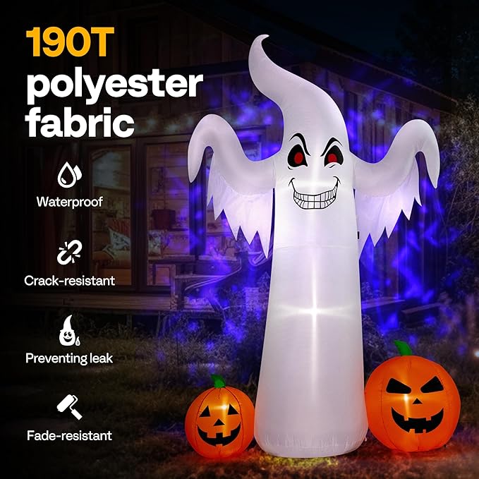 VIVOHOME 9FT Halloween Inflatable Yard Decor, Giant Ghost with 2 Pumpkin, Outdoor Blow Up with Built-in LED Light for Lawn, Garden, Party