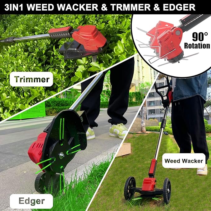 Cordless Weed Wacker Eater Battery Powered, 21V Lightweight Electric Weed Trimmer with 2 Battery Operated & Charger& Wheels & Shears, No-String Grass Trimmer/Brush Cutter/Lawn Edger for Yard Garden