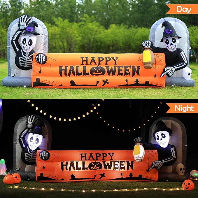 10FT Large Halloween Inflatable Decorations Skeleton Tombstone Banner, Build-in LED Lights Holiday Blow Up Yard Decoration for Halloween Holiday Party Outdoor，Garden Yard Lawn Decor