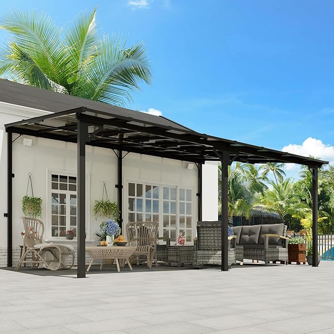 MEISSALIVVE 12' x 16' Wall Mounted Lean to Metal Awning with Sloped Roof for Outdoor Patio Backyard & Deck - Black