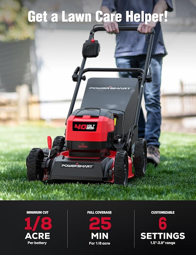 PowerSmart 40V 17" Cordless Lawn Mower with 4.0Ah Battery and Charger, Brushless Motor, up to 1/8 Acre, 3-in-1 (MB2418A)