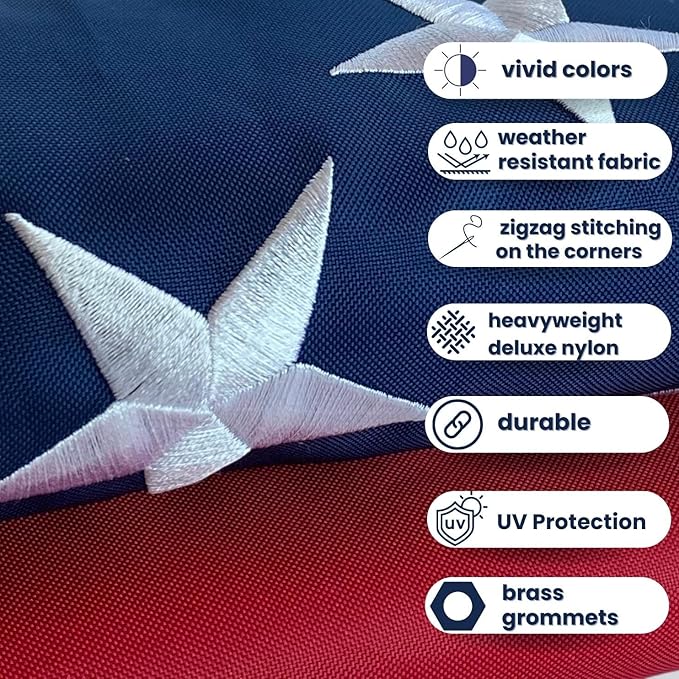 American Flag - Heavy-Duty US Flag - Embroidered Stars - Nylon USA Flag Built for Outdoors - Sewn Stripes - UV Protection - Brass Grommets (4x6 ft)