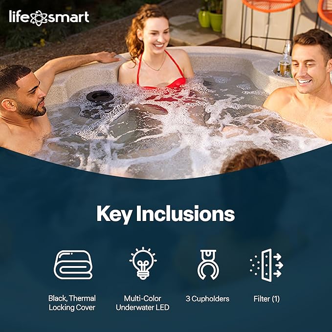 LifeSmart 4-Person Hot Tub, Outdoor Spa with Cover and LED Lights, Circular, Beige - Above-Ground Spa Machine with Accessories for Home and Personal Relaxation