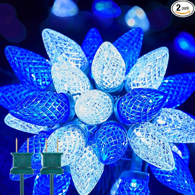 Brightown 2 Pack Blue and White C9 LED Christmas String Lights - 33ft 50 LED Waterproof Strawberry String Lights, Plug-in Extendable Green Wire Lights String for Outdoor Indoor Patio Party Decoration