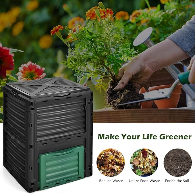 Happygrill Outdoor Compost Bin, Composting Box w/Top Flip Latch-on Lid,80 Gallons Composter for Kitchen Waste & Garden Scraps, Compost Barrel for Fast Creation of Fertile Soil (Black+Green)