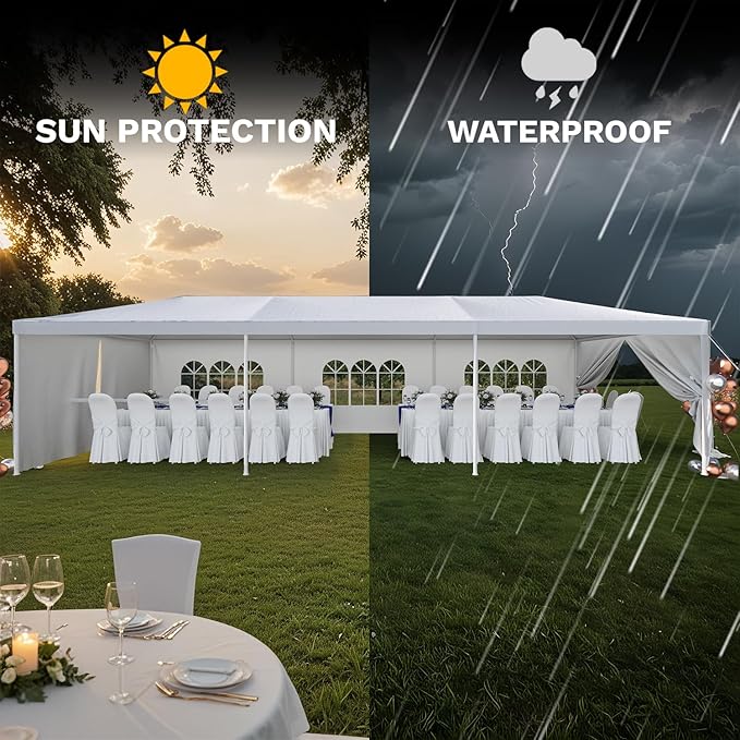 Devoko 10'x30' Heavy Duty Outdoor Canopy Tent, Waterproof Wedding Party and Events Tent with UV Protection & Sidewalls, Wind Resistant Portable Gazebo for Backyard, Patio, White