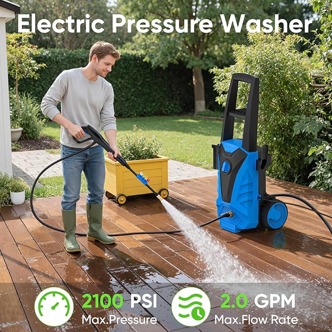 DUMOS Electric Pressure Washer, High Pressure Cleaning Machine with Foam Cannon, 2.0 GPM Power Washer with 5 Quick Connect Nozzles for Fences Decks Patios
