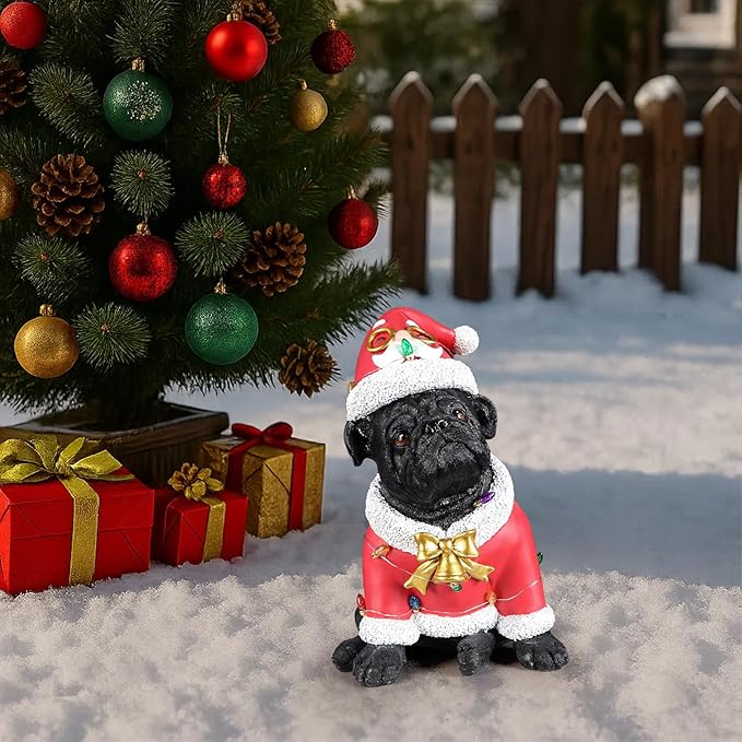 Christmas Outdoor Decoration Dog Statue, LED Light Cute English Bulldog Sculpture with Santa Outfit & Lights for Garden and Yard, Indoor Holiday Décor Gift for mom and dad