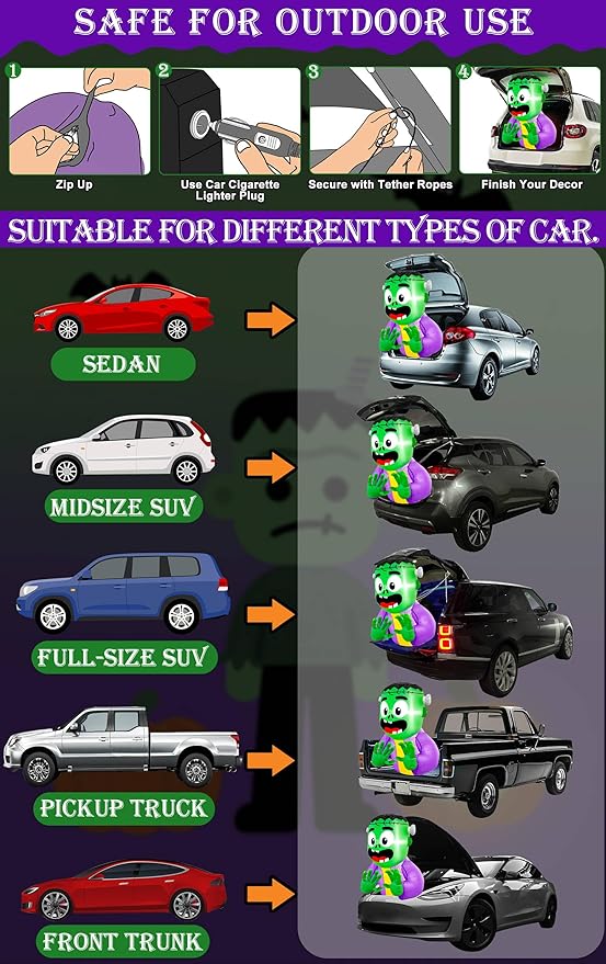 3.5 FT Halloween Inflatable Trunk Or Treat Car Decorations Kit Blow Up Green Zombie Frankenstein with Built-in LEDs, Halloween Car Trunk Or Treat Decorations for SUVs Sedans Yard Outdoor Party Decor