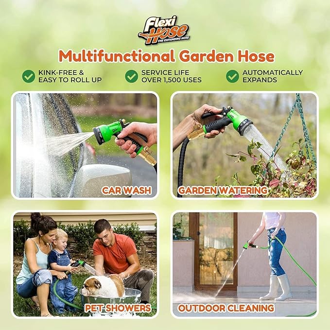 Flexi Hose Lightweight Garden Hose, 50FT - Expandable Hose with 8 Function Nozzle, No-Kink Flexibility, 3/4 Inch Solid Brass Fittings and Double Latex Core