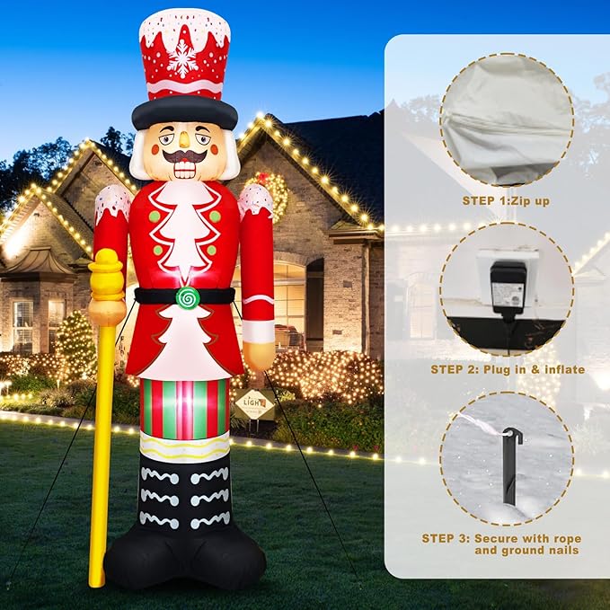 Christmas Inflatables 8FT Nutcracker Figurine Red & White Soldier with Candy Cane Stripes, Staff & Crown Hat Festive Holiday Blow Up Decoration for for Lawn, Garden or Xmas Display