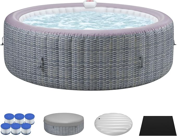 Inflatable Hot Tub for 4-6 People, Portable Bubble Massage Spa with 130 Soothing Jets, Built-in Heater Pump & 6 Filter Cartridges (Round)