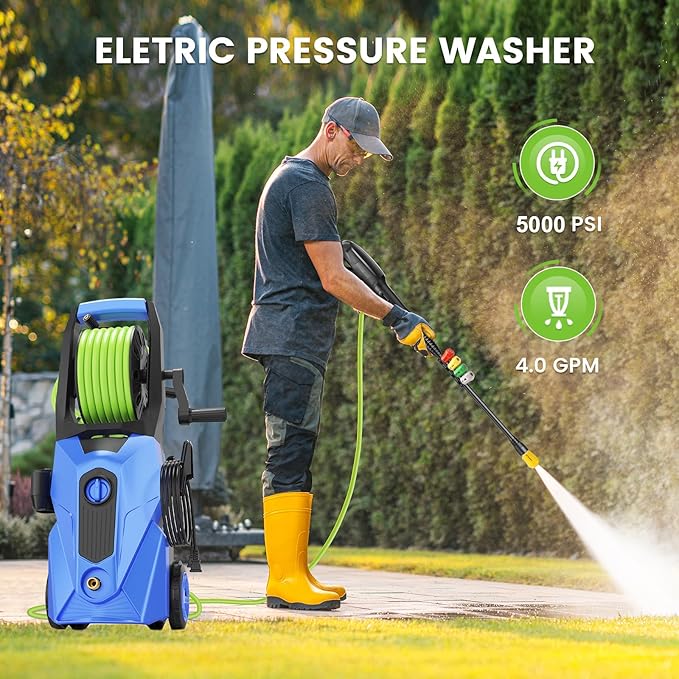 Electric Pressure Washer 5000 PSI 2.8 GPM Power Washers Electric Powered with 33ft Pressure Hose M22-14mm, 4 Nozzle and Foam Cannon, powerwashers for Home, Cars, Fences, Patio, Blue