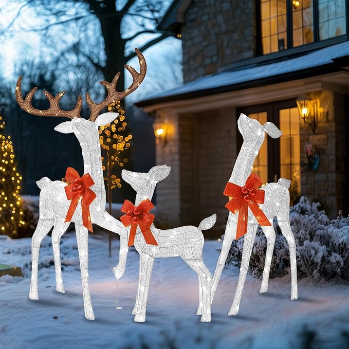 3D Reindeer Family Christmas Decor Set 4.5Ft Lighted Christmas Reindeer/Deer Family Set Outdoor Christmas Yard Decorations with Stakes & Zip Ties for Holiday Lawn Patio Party