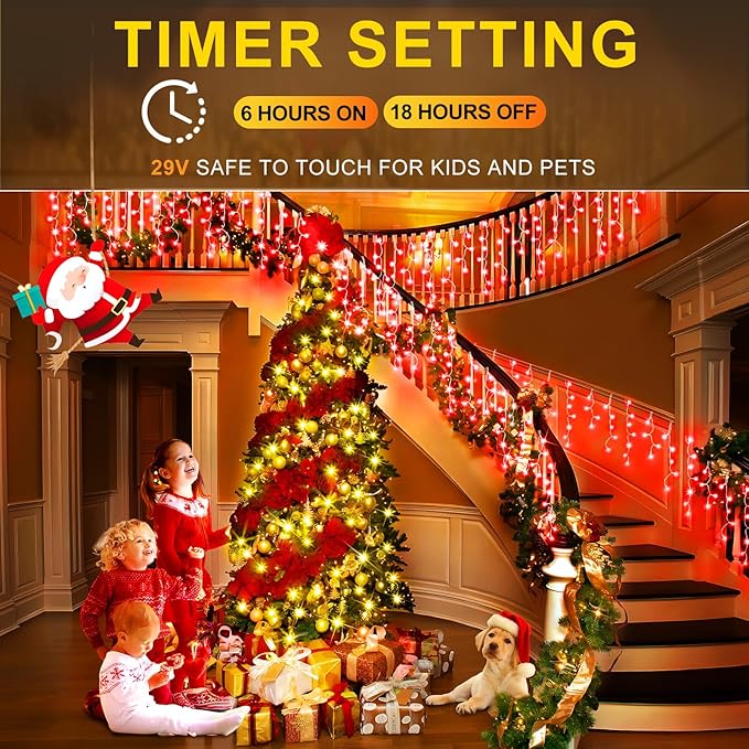 KNONEW Christmas Lights Outdoor Decorations 400 LED 33ft 8 Modes Curtain Fairy String Light with 75 Drops, Clear Wire LED Hanging Light Decor for Wedding Party Holiday Christmas Decorations (Red)