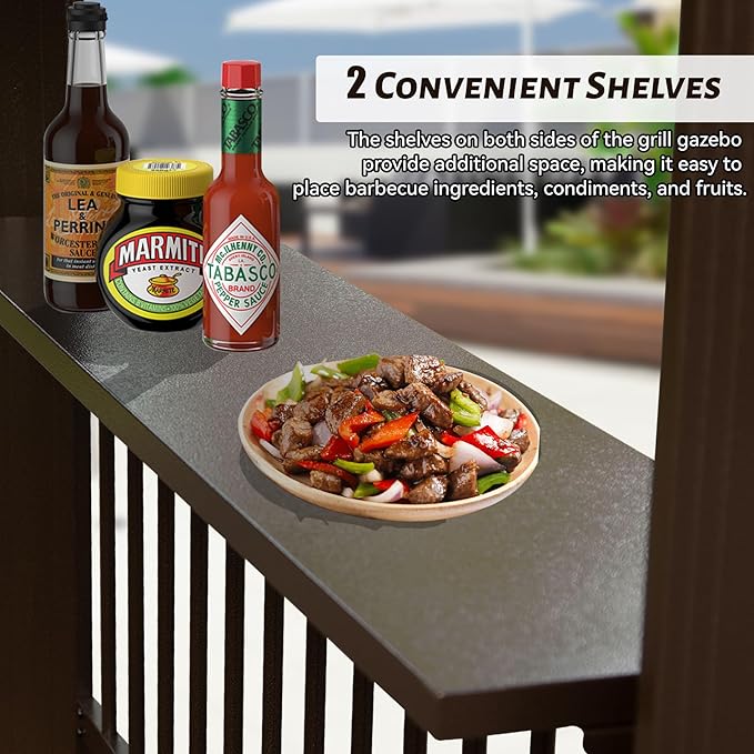 Domi 6.5x12FT Hardtop Grill Gazebo, Outdoor BBQ Gazebo with 2 Side Shelves and Ceiling Hook, Outdoor Grill Canopy with Galvanized Steel Slope Roof for Patio Lawn Backyard Deck, Brown